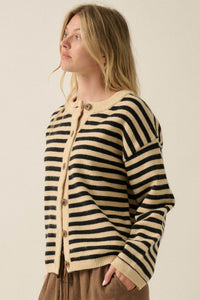 Broad Strokes Striped Knit Crewneck Button-Up Cardigan - ShopPromesa