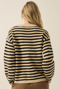 Broad Strokes Striped Knit Crewneck Button-Up Cardigan - ShopPromesa