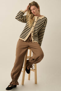 Broad Strokes Striped Knit Crewneck Button-Up Cardigan - ShopPromesa