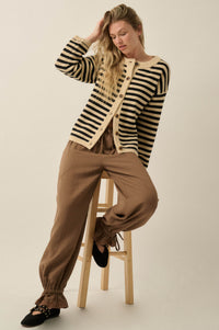 Broad Strokes Striped Knit Crewneck Button-Up Cardigan - ShopPromesa