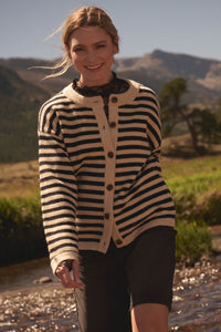Broad Strokes Striped Knit Crewneck Button-Up Cardigan - ShopPromesa