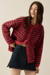 Broad Strokes Striped Knit Crewneck Button-Up Cardigan - ShopPromesa