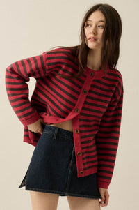 Broad Strokes Striped Knit Crewneck Button-Up Cardigan - ShopPromesa