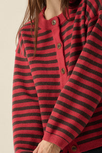 Broad Strokes Striped Knit Crewneck Button-Up Cardigan - ShopPromesa