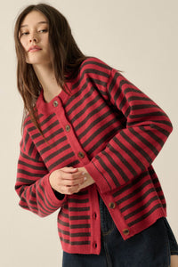 Broad Strokes Striped Knit Crewneck Button-Up Cardigan - ShopPromesa