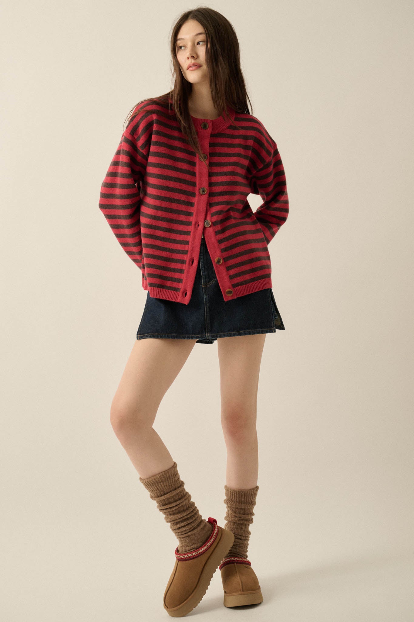 Broad Strokes Striped Knit Crewneck Button-Up Cardigan - ShopPromesa