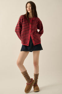Broad Strokes Striped Knit Crewneck Button-Up Cardigan - ShopPromesa