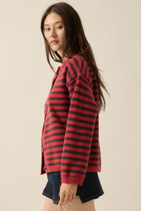 Broad Strokes Striped Knit Crewneck Button-Up Cardigan - ShopPromesa