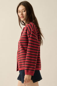 Broad Strokes Striped Knit Crewneck Button-Up Cardigan - ShopPromesa