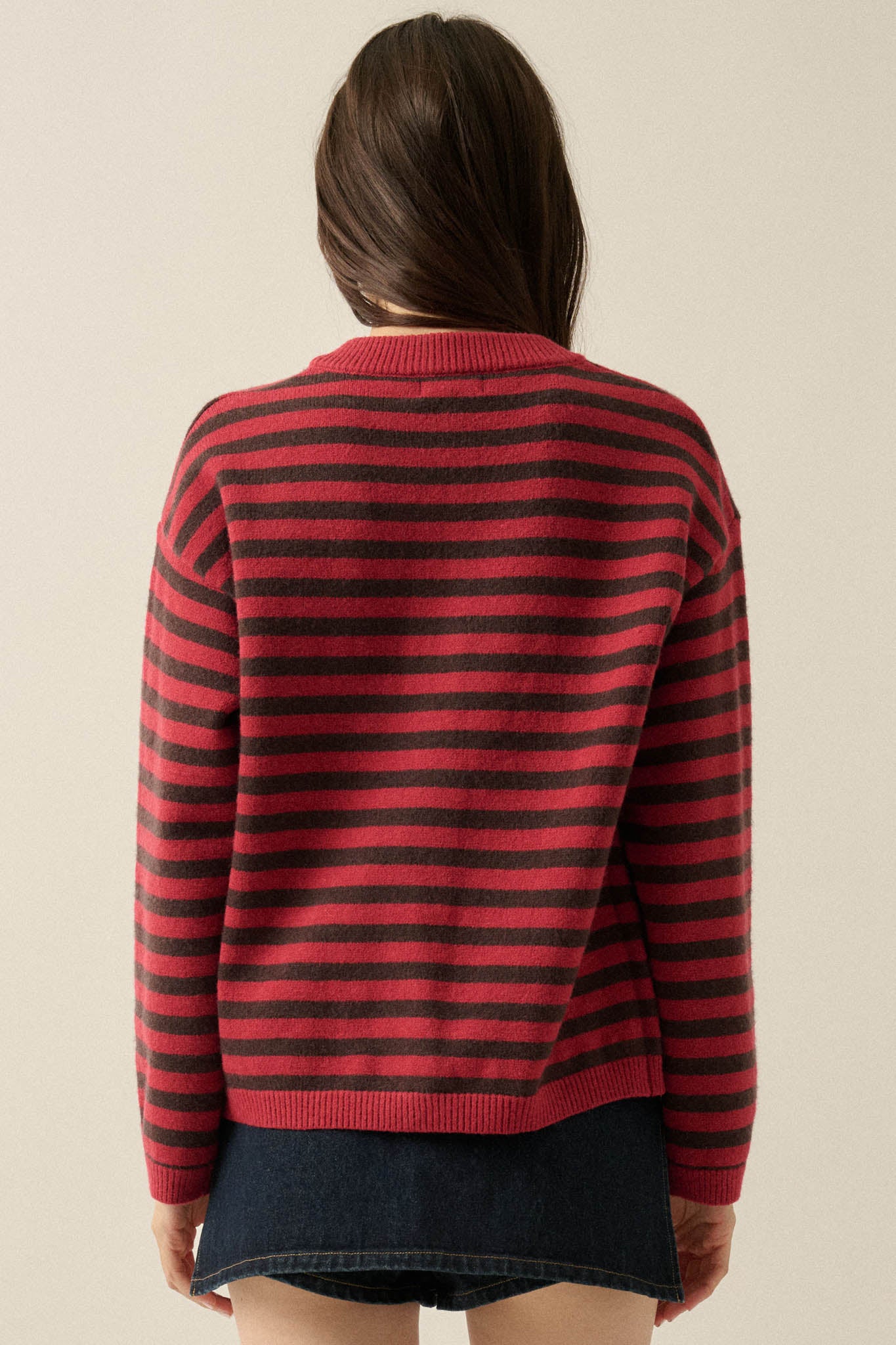 Broad Strokes Striped Knit Crewneck Button-Up Cardigan - ShopPromesa
