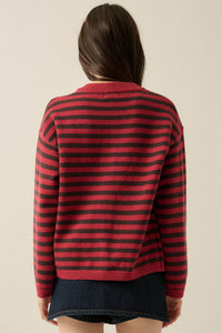 Broad Strokes Striped Knit Crewneck Button-Up Cardigan - ShopPromesa