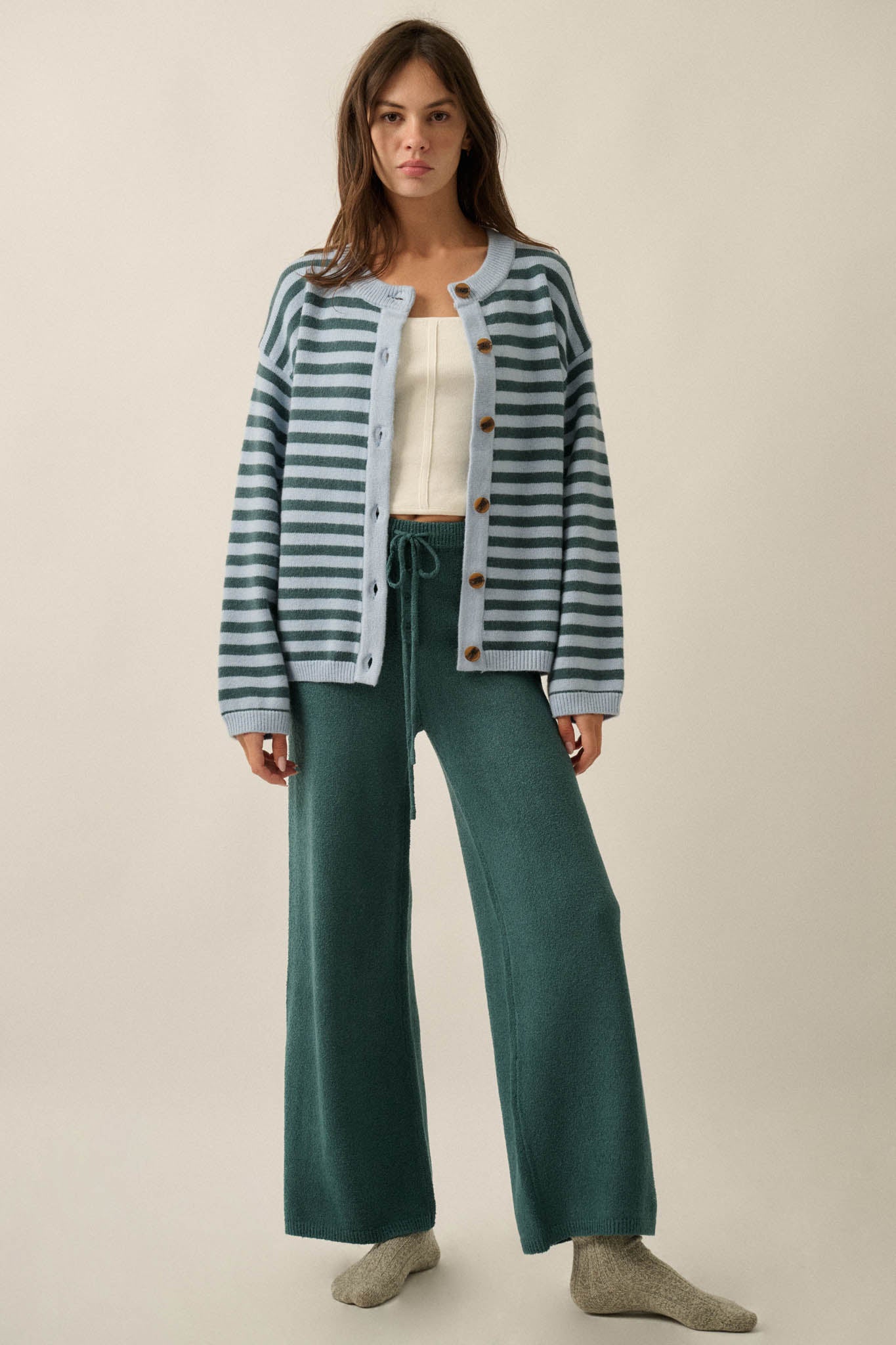 Broad Strokes Striped Knit Crewneck Button-Up Cardigan - ShopPromesa