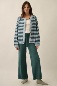 Broad Strokes Striped Knit Crewneck Button-Up Cardigan - ShopPromesa