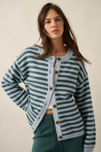 Broad Strokes Striped Knit Crewneck Button-Up Cardigan - ShopPromesa