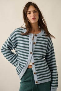 Broad Strokes Striped Knit Crewneck Button-Up Cardigan - ShopPromesa