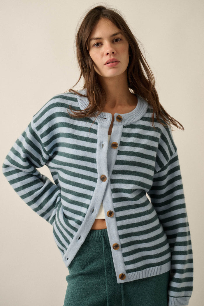 Broad Strokes Striped Knit Crewneck Button-Up Cardigan - ShopPromesa