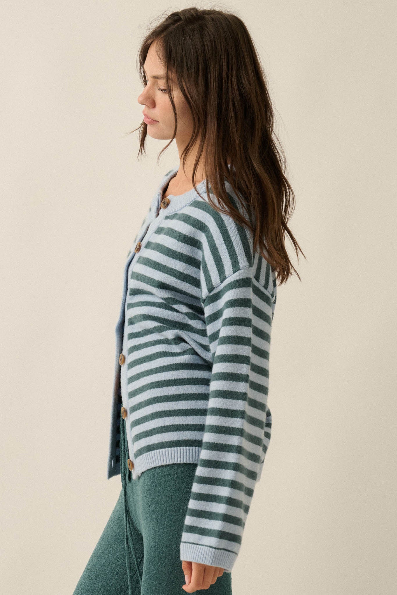 Broad Strokes Striped Knit Crewneck Button-Up Cardigan - ShopPromesa