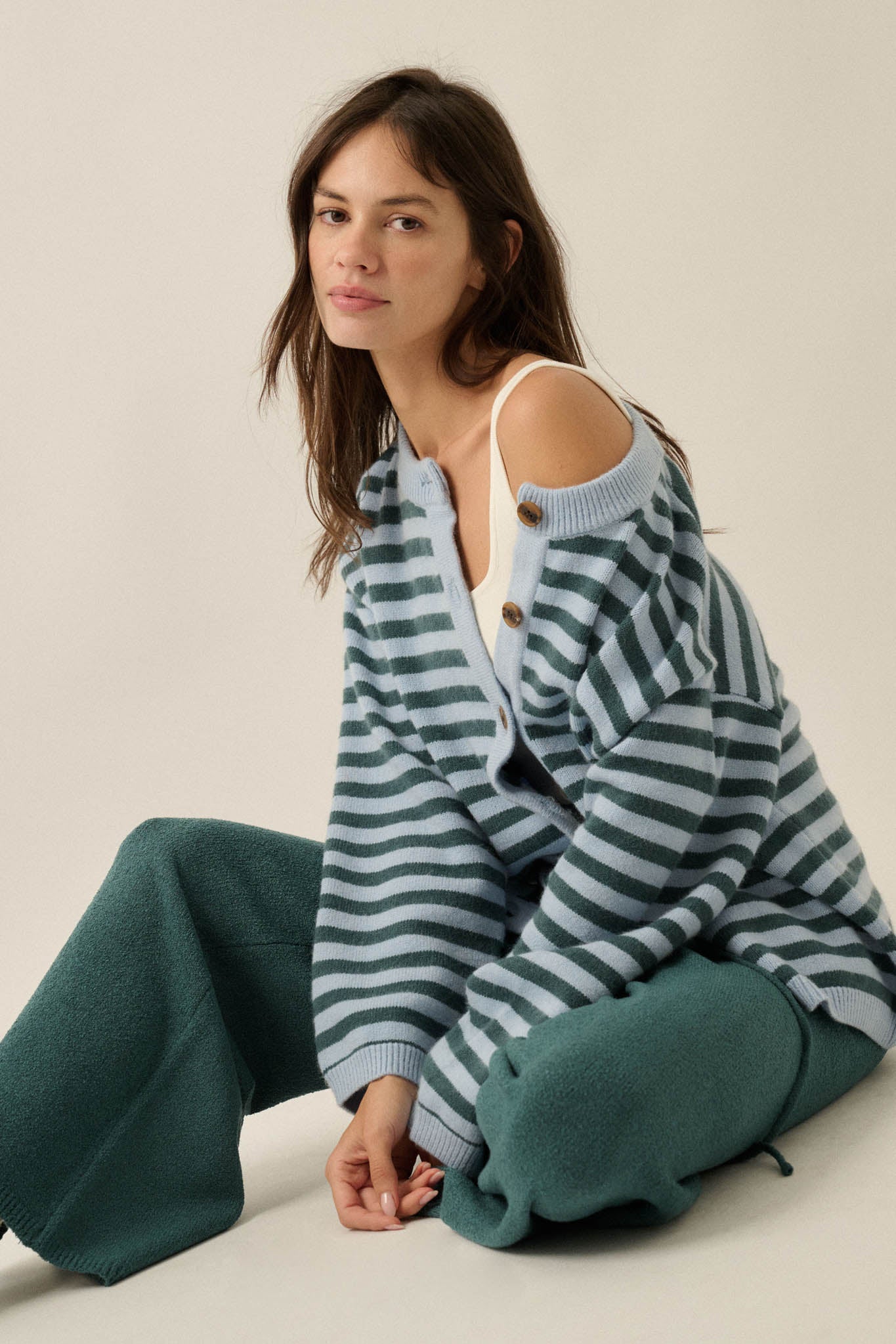 Broad Strokes Striped Knit Crewneck Button-Up Cardigan - ShopPromesa