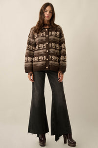 Alpine Bloom Floral Fair Isle Collared Cardigan - ShopPromesa