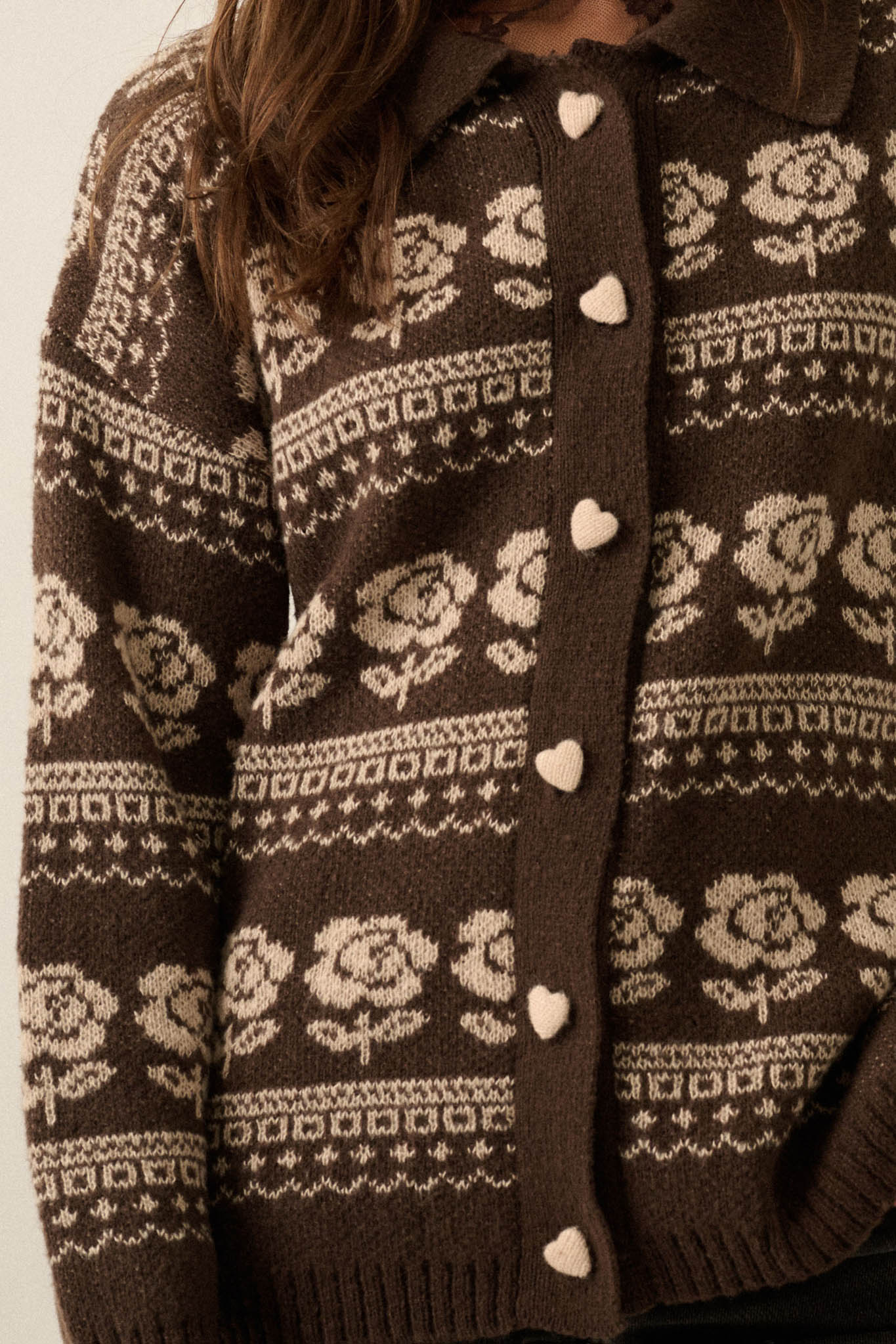 Alpine Bloom Floral Fair Isle Collared Cardigan - ShopPromesa