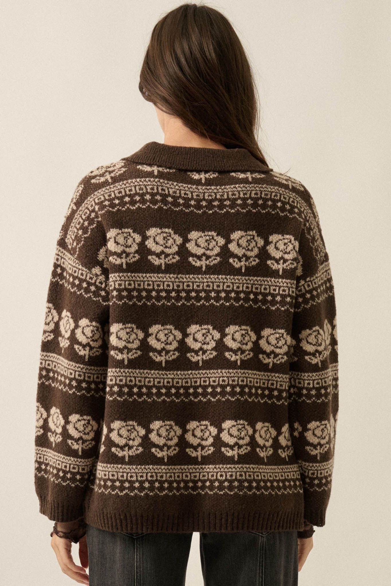 Alpine Bloom Floral Fair Isle Collared Cardigan - ShopPromesa