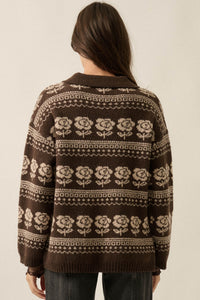 Alpine Bloom Floral Fair Isle Collared Cardigan - ShopPromesa