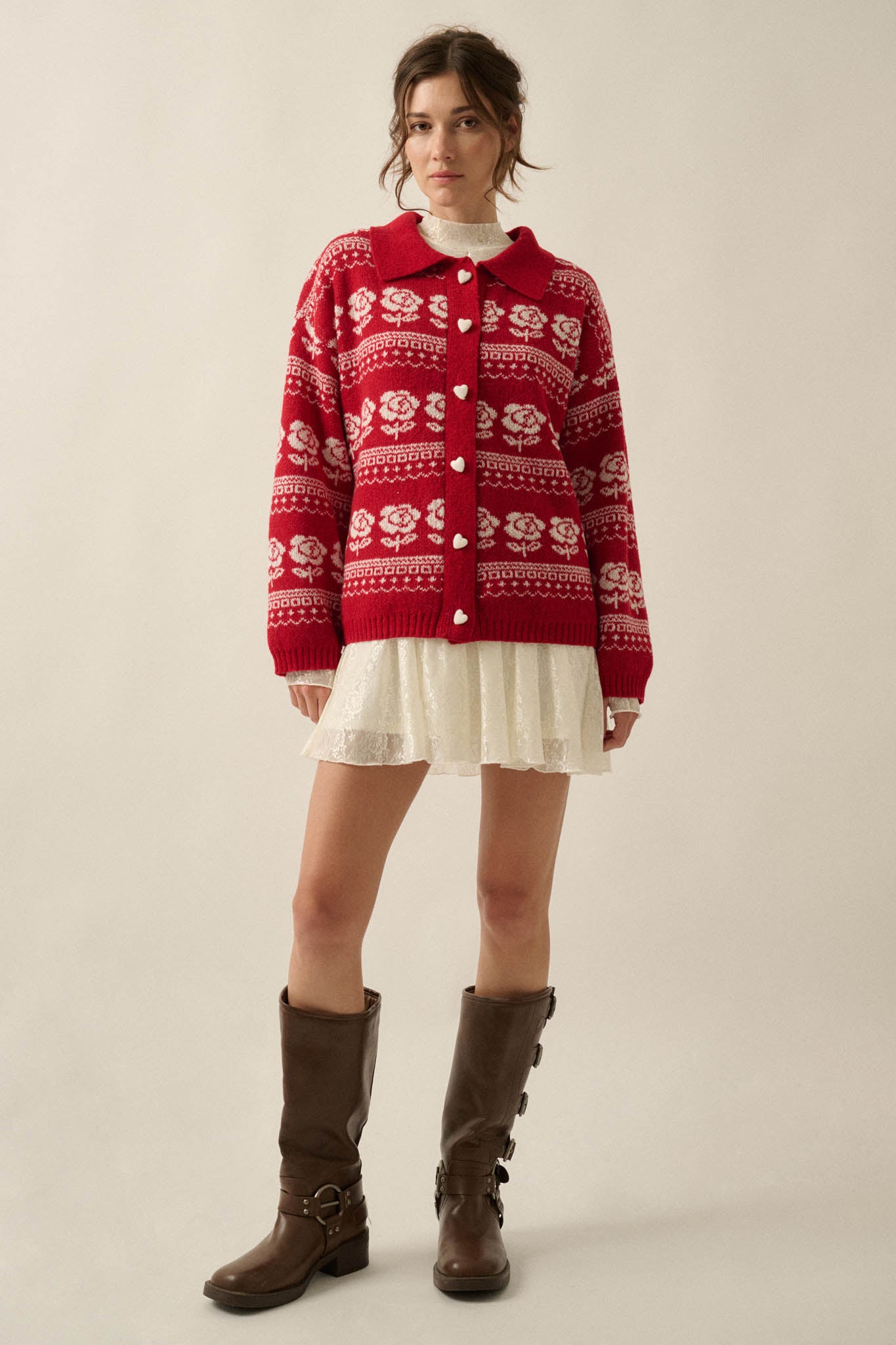 Alpine Bloom Floral Fair Isle Collared Cardigan - ShopPromesa
