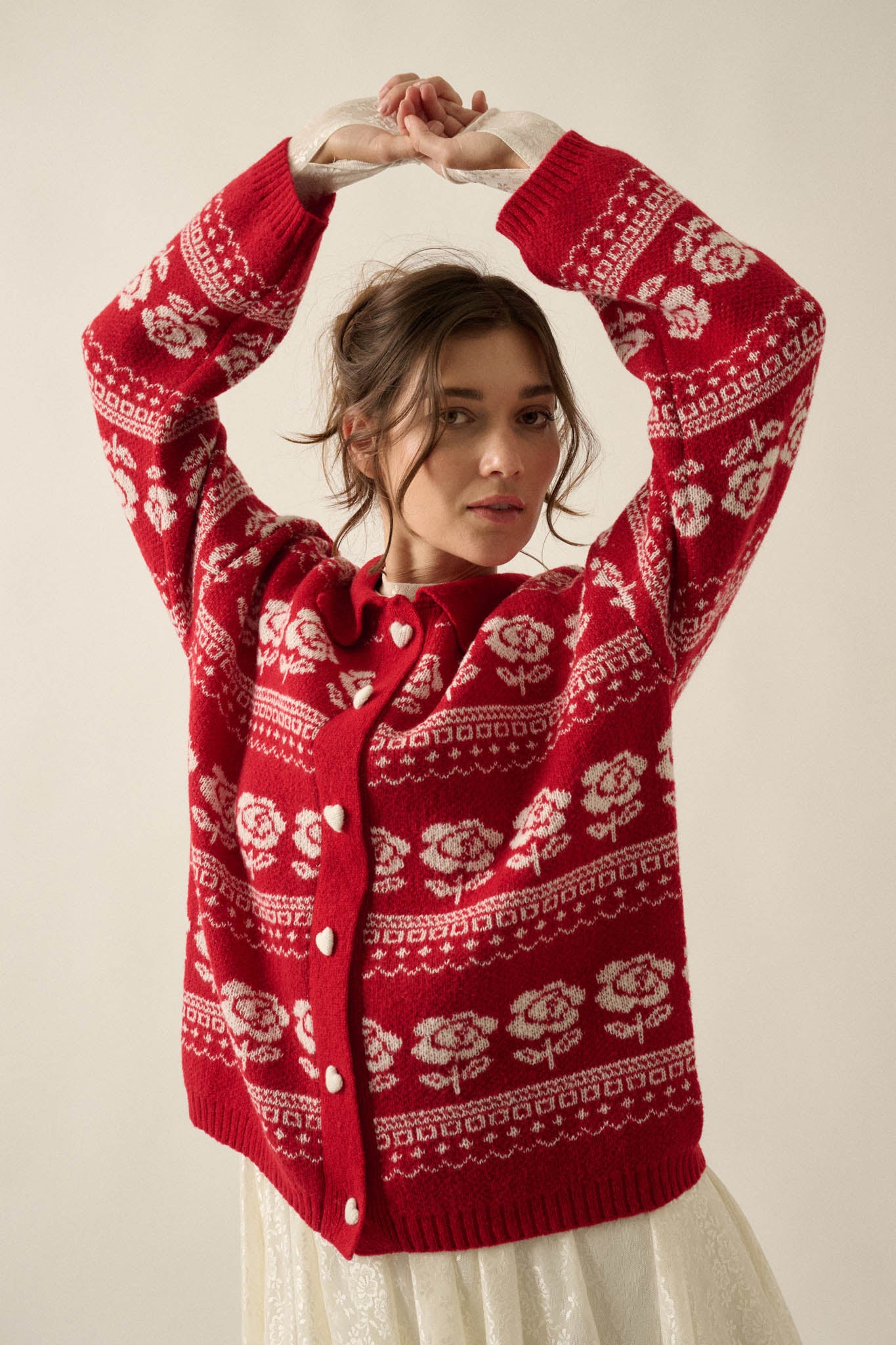 Alpine Bloom Floral Fair Isle Collared Cardigan - ShopPromesa