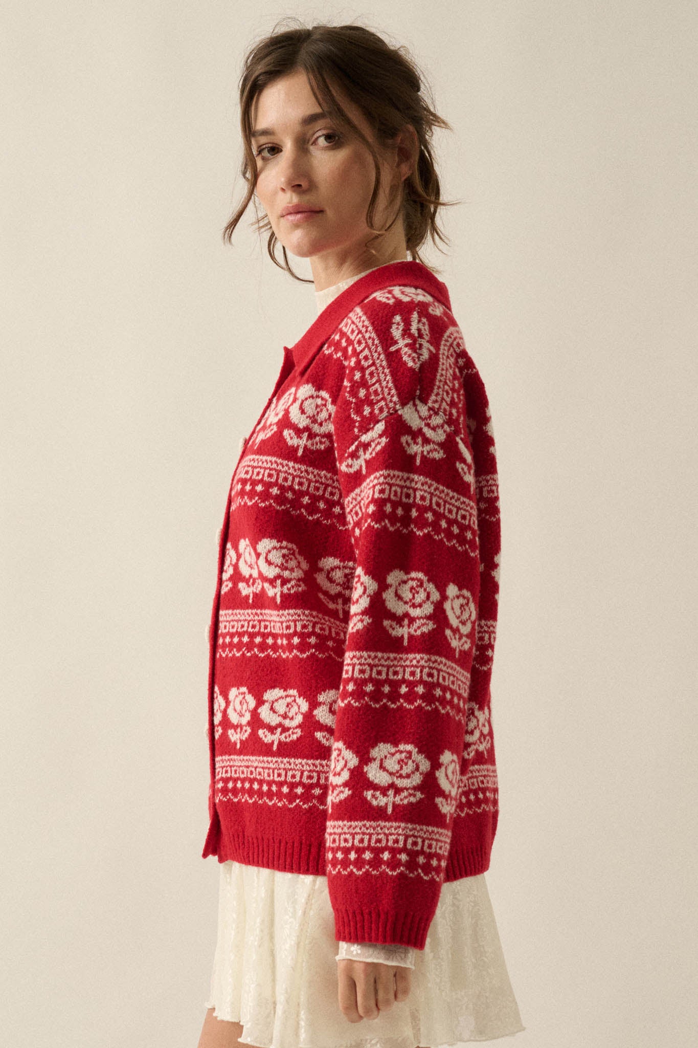 Alpine Bloom Floral Fair Isle Collared Cardigan - ShopPromesa