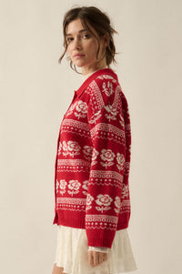 Alpine Bloom Floral Fair Isle Collared Cardigan - ShopPromesa