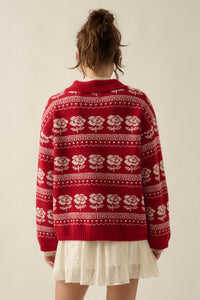 Alpine Bloom Floral Fair Isle Collared Cardigan - ShopPromesa