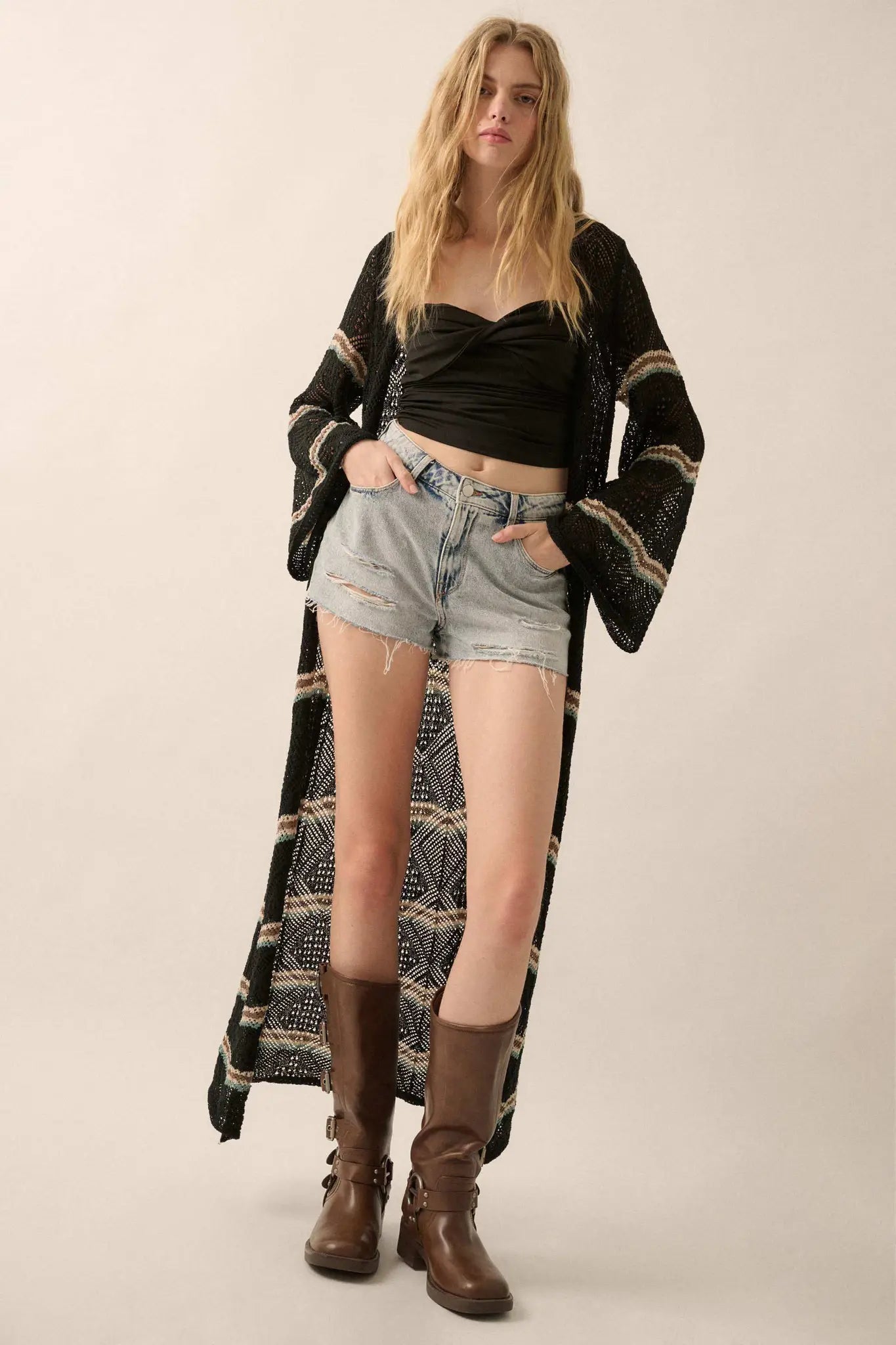 Diamond Drift Striped Crochet Duster Cardigan