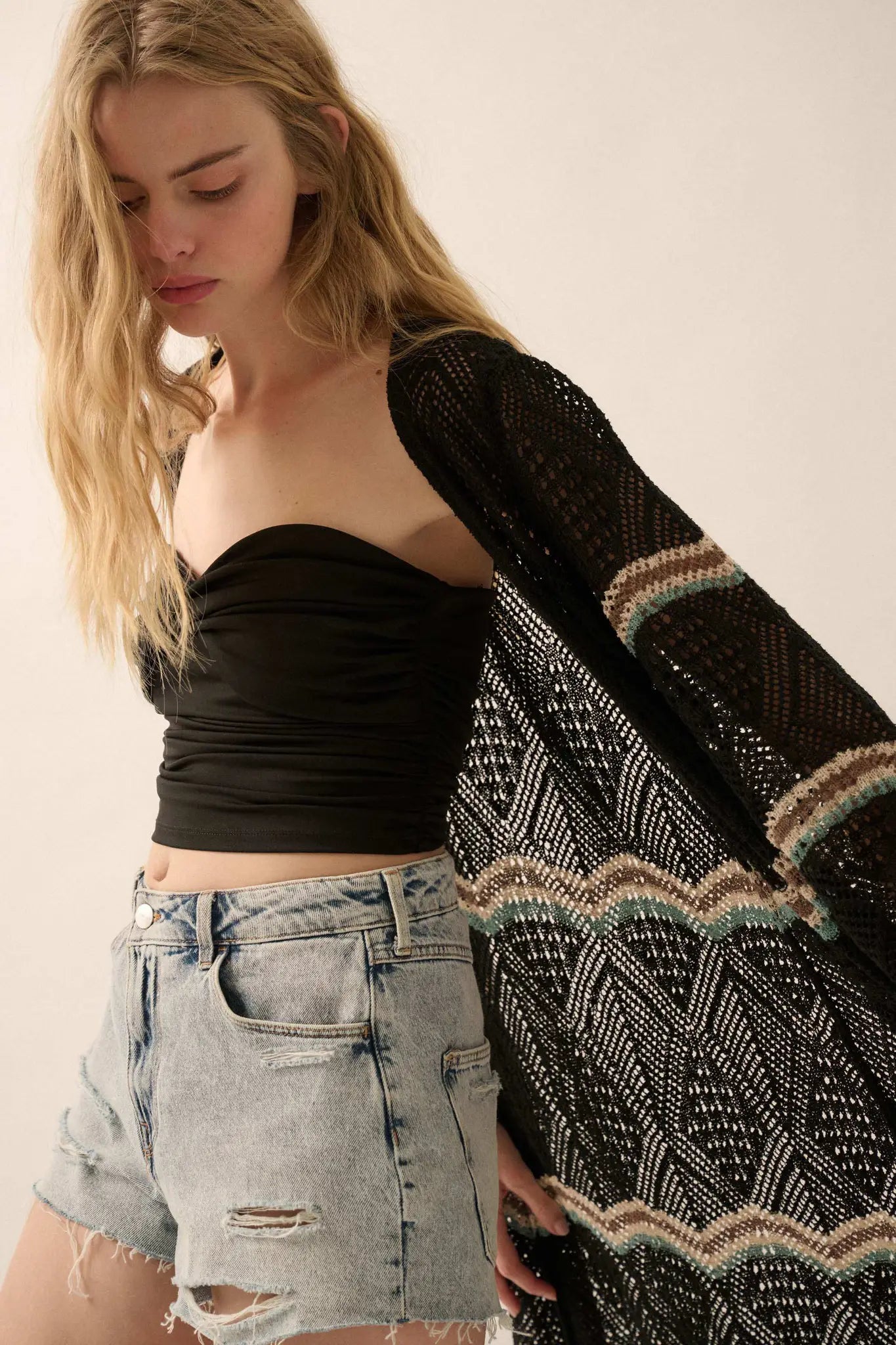 Diamond Drift Striped Crochet Duster Cardigan