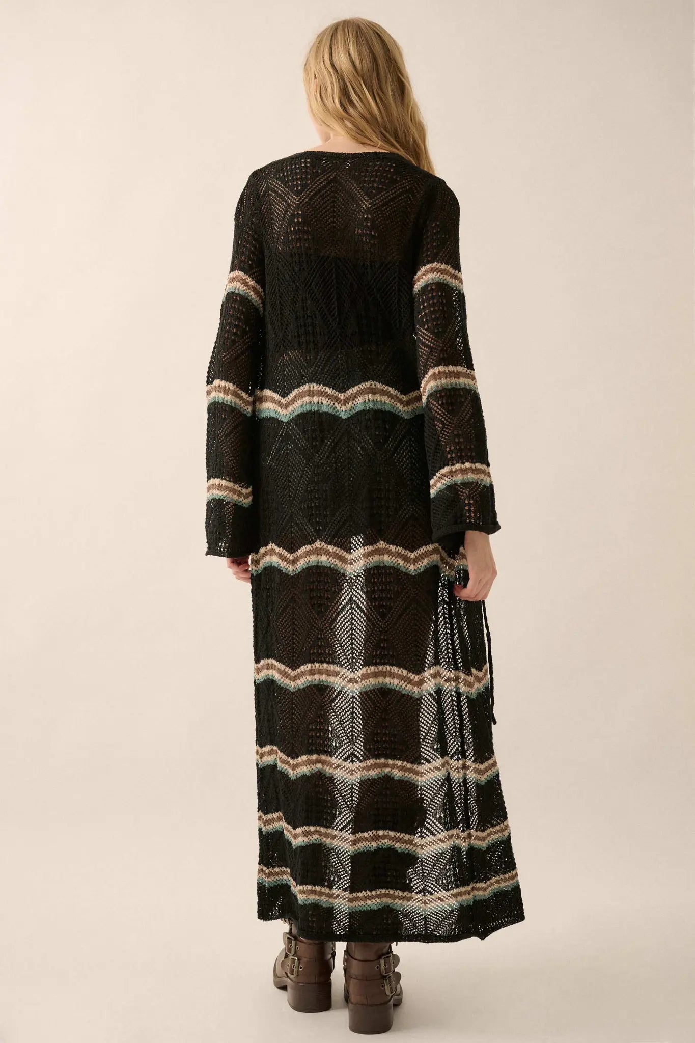 Diamond Drift Striped Crochet Duster Cardigan