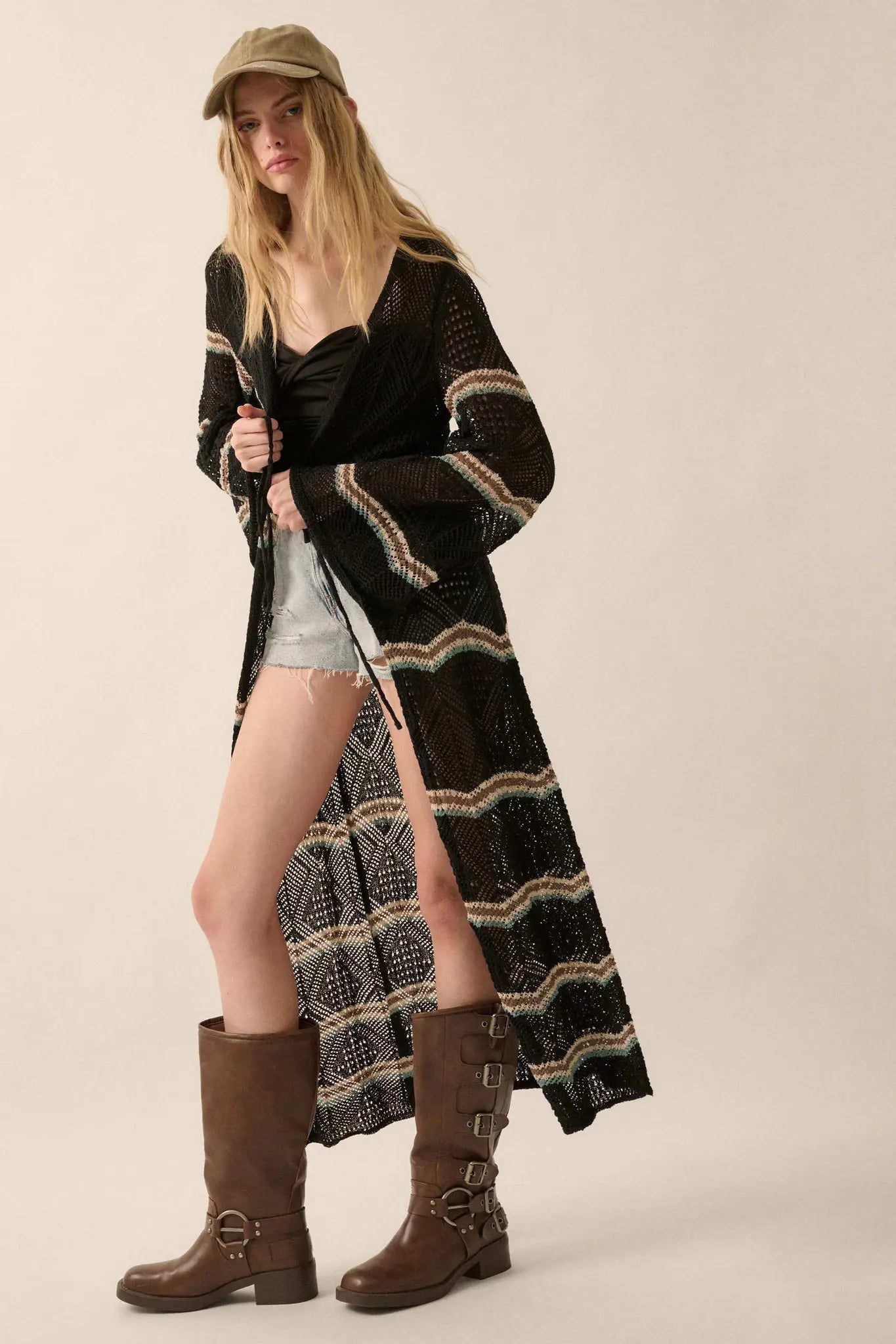 Diamond Drift Striped Crochet Duster Cardigan