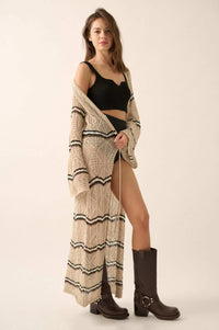 Diamond Drift Striped Crochet Duster Cardigan - ShopPromesa