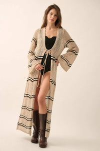 Diamond Drift Striped Crochet Duster Cardigan - ShopPromesa