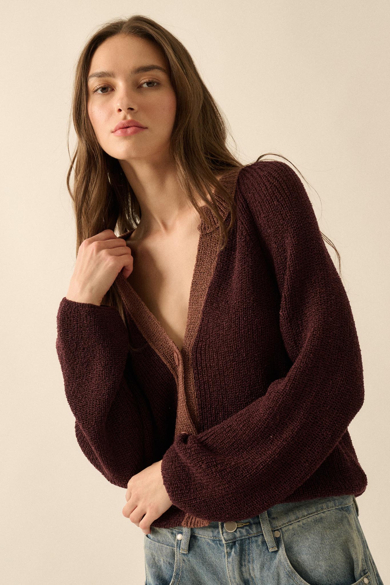 Meant to Be Contrast Knit Cropped Cardigan