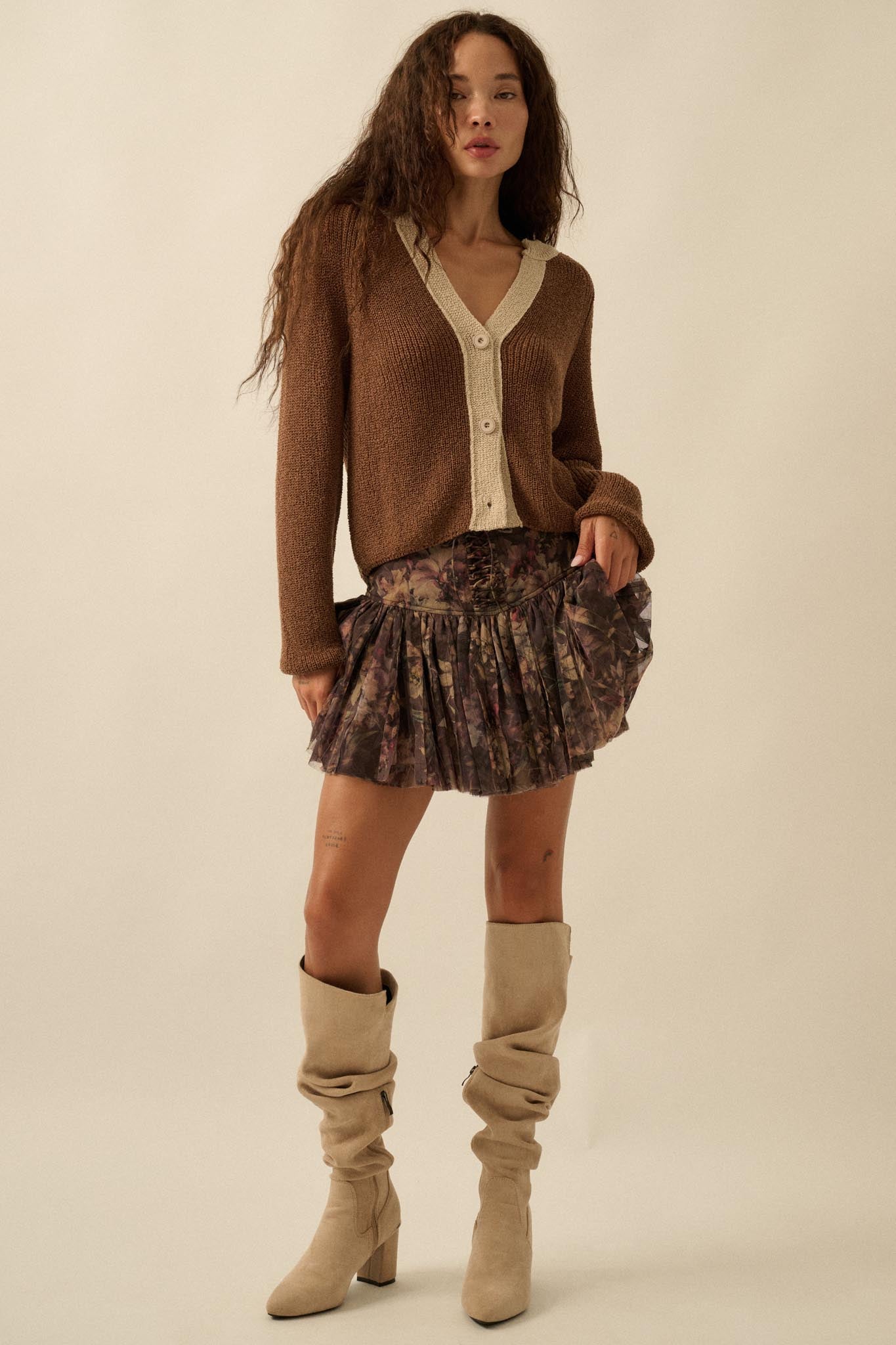 Meant to Be Contrast Knit Cropped Cardigan