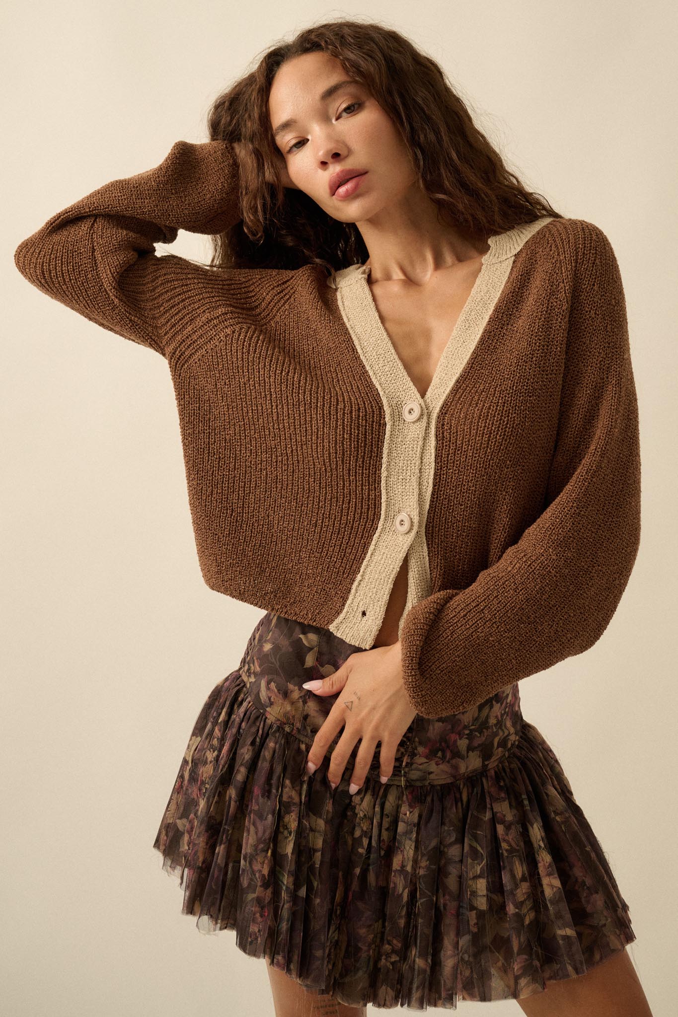 Meant to Be Contrast Knit Cropped Cardigan