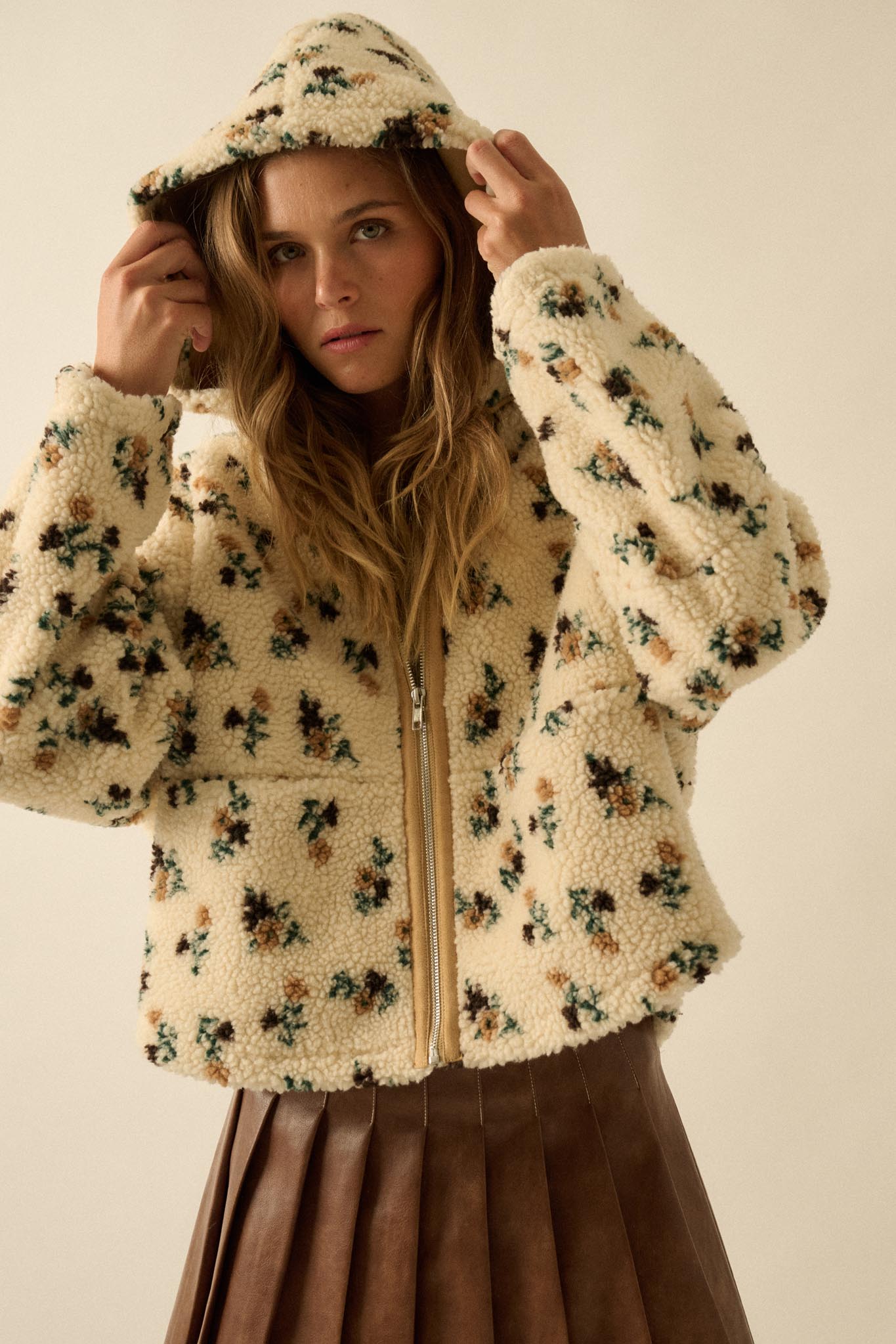 Winter Blossoms Floral Fleece Hooded Jacket