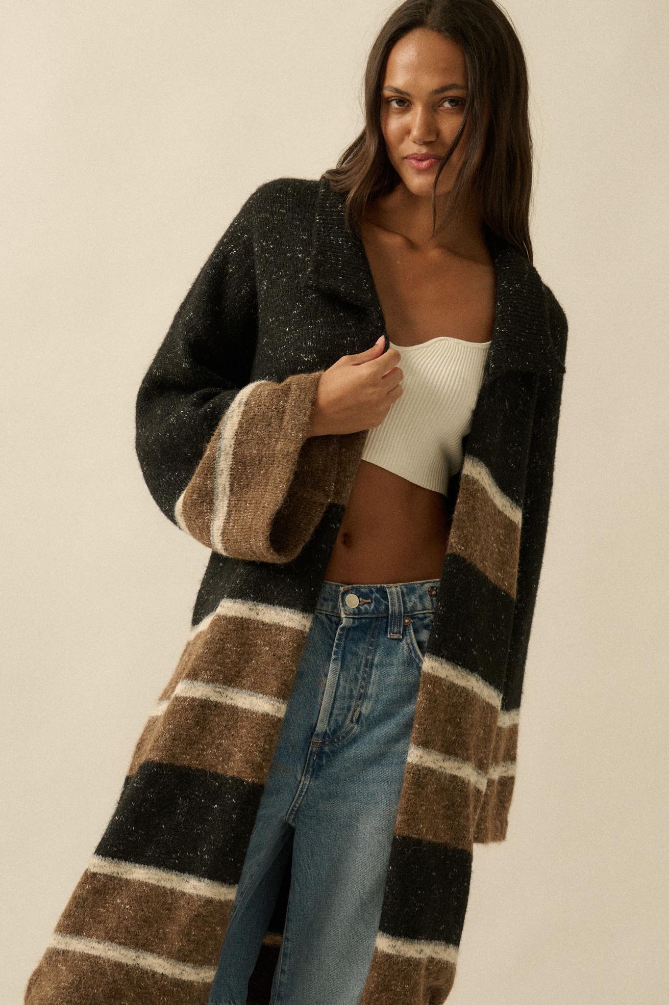Down to Earth Striped Open-Front Duster Cardigan - ShopPromesa