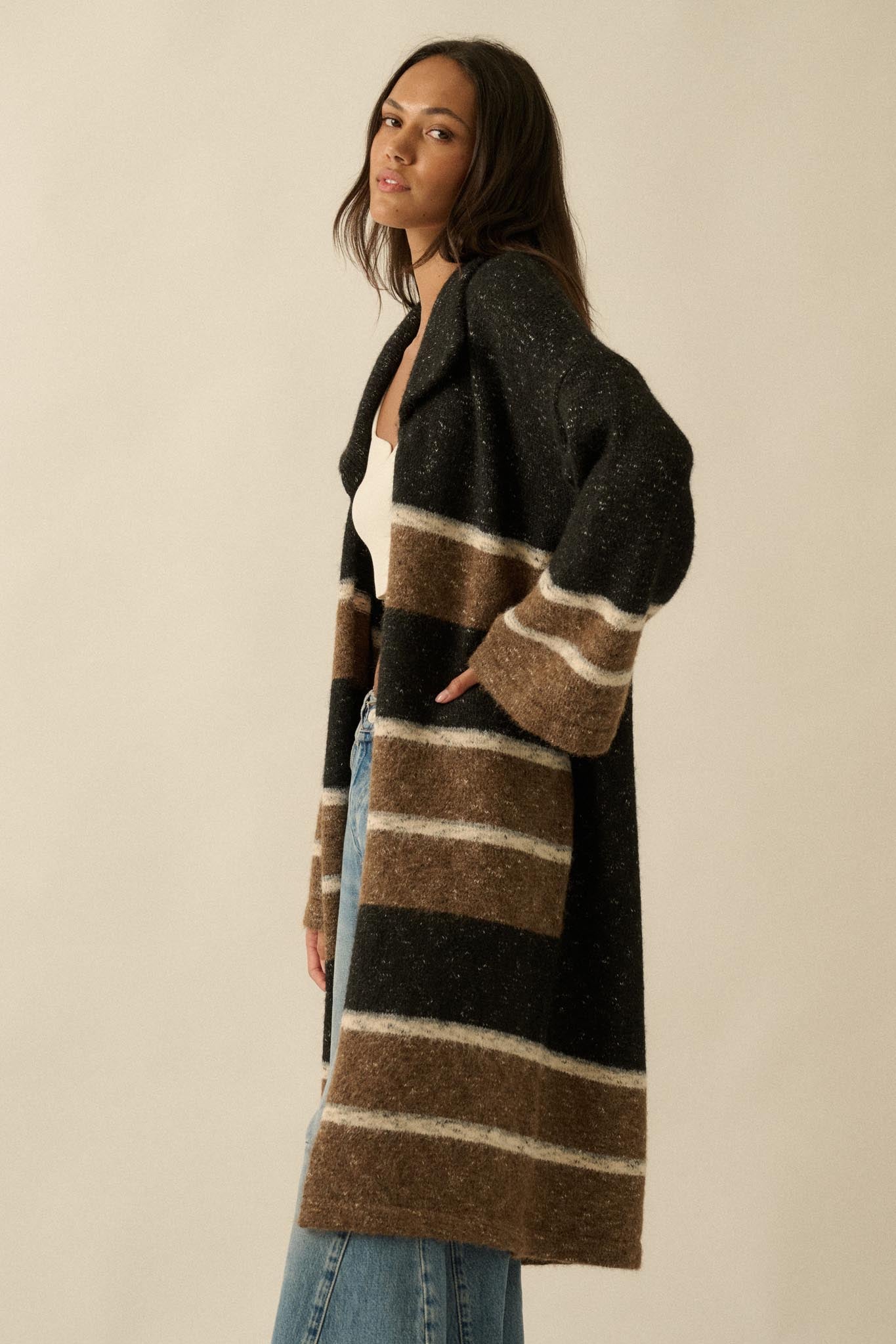 Down to Earth Striped Open-Front Duster Cardigan - ShopPromesa