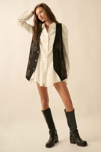 Sweet Meadow Floral-Embroidered Vegan Suede Vest - ShopPromesa