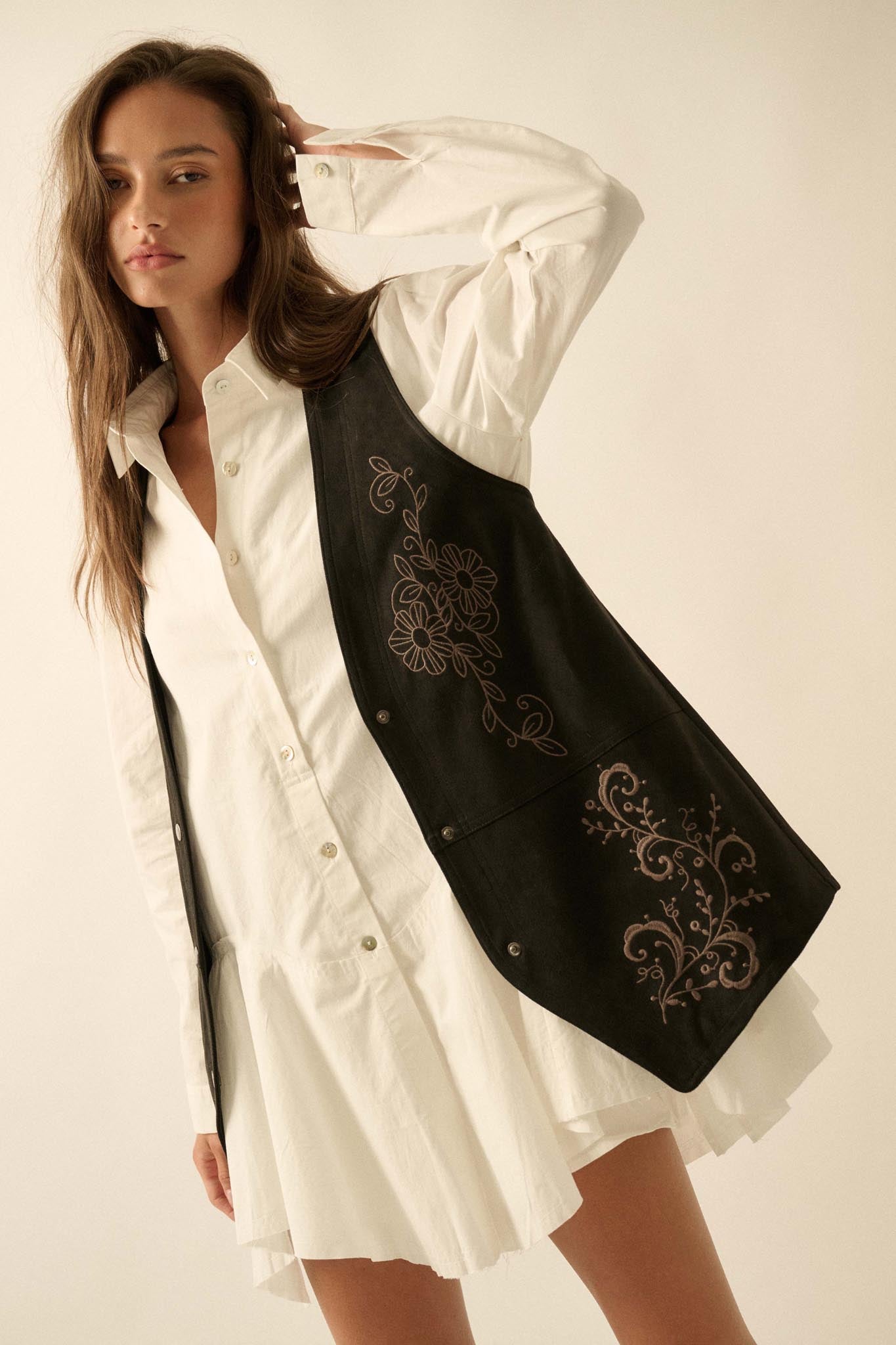 Sweet Meadow Floral-Embroidered Vegan Suede Vest - ShopPromesa