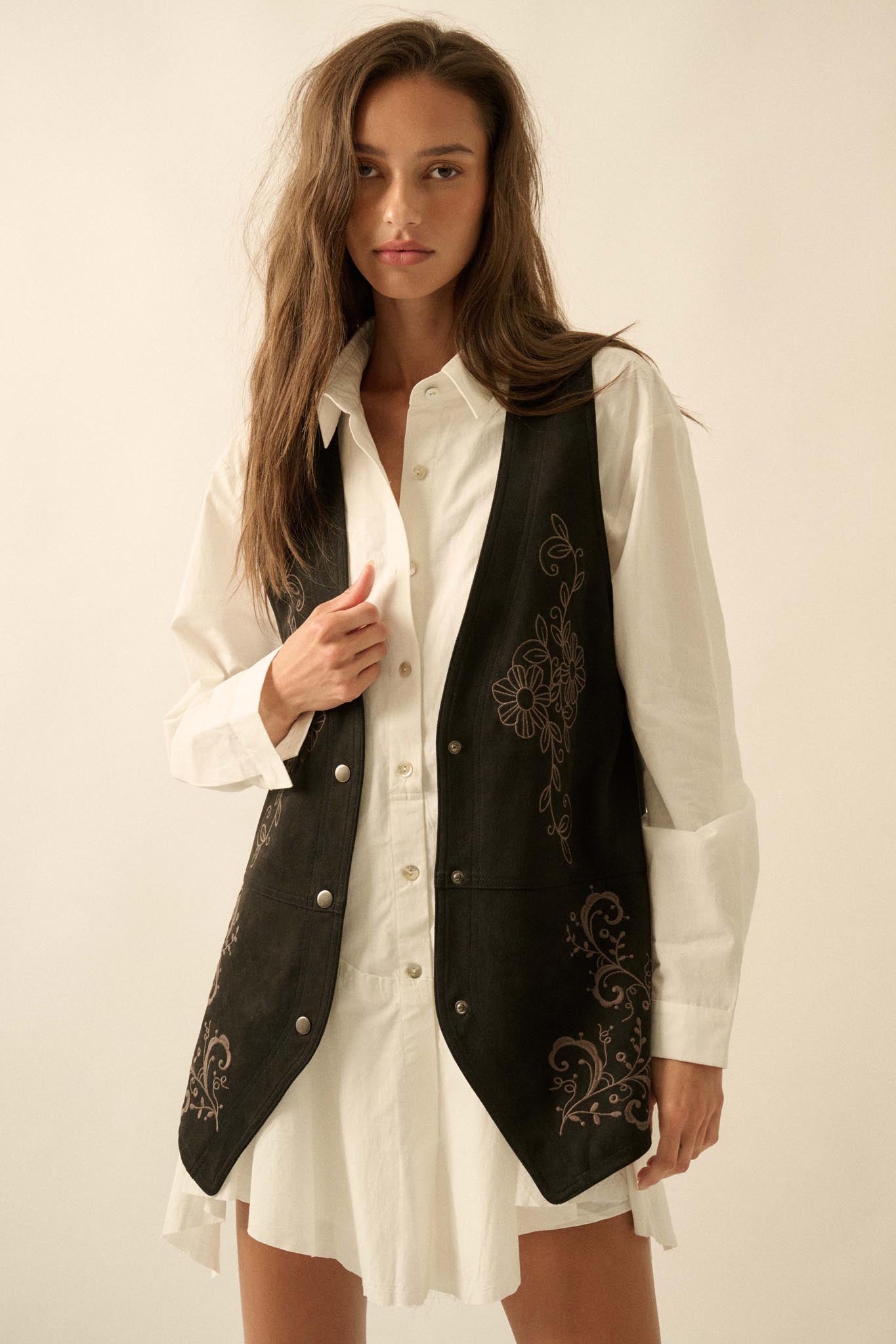 Sweet Meadow Floral-Embroidered Vegan Suede Vest - ShopPromesa