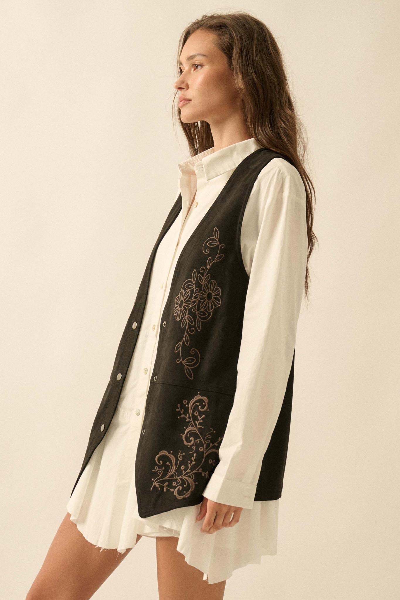 Sweet Meadow Floral-Embroidered Vegan Suede Vest - ShopPromesa