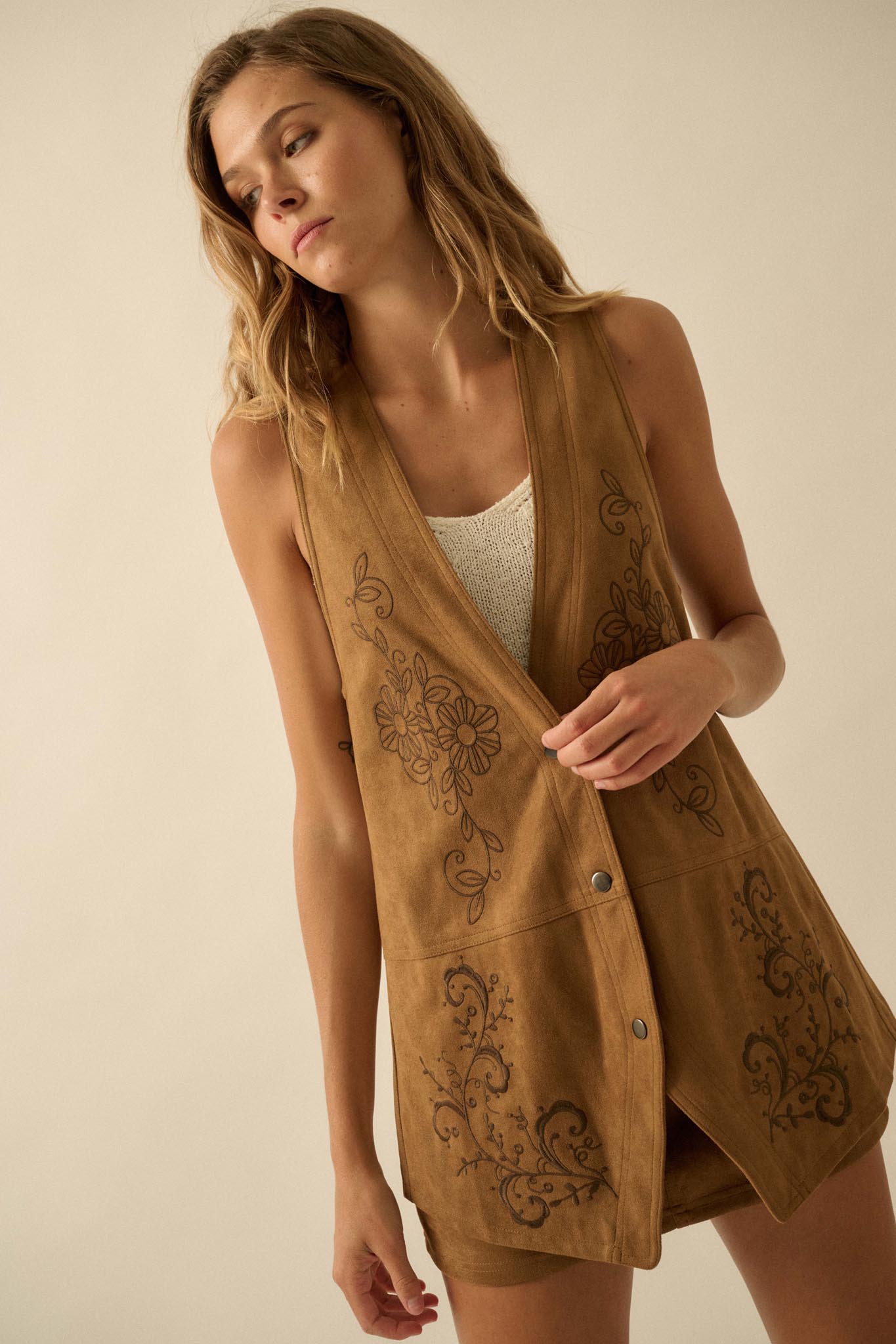 Sweet Meadow Floral-Embroidered Vegan Suede Vest - ShopPromesa