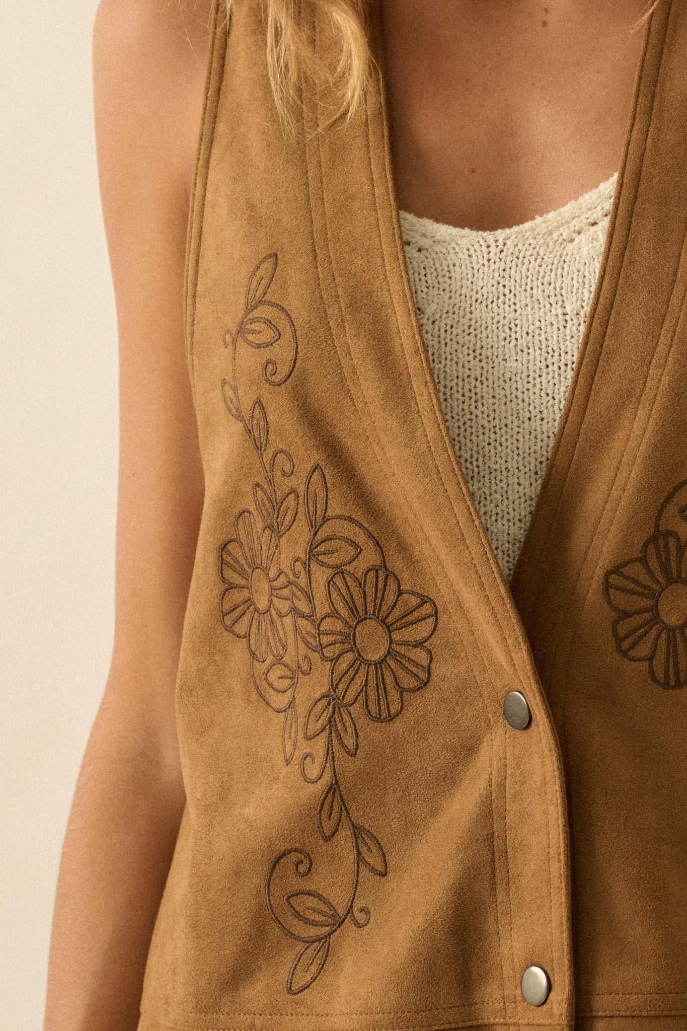 Sweet Meadow Floral-Embroidered Vegan Suede Vest - ShopPromesa