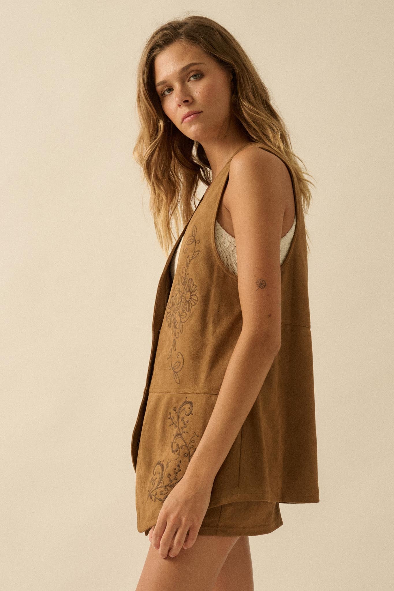Sweet Meadow Floral-Embroidered Vegan Suede Vest